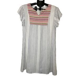 THML Embroidered Tunic Dress Sz L Boho Resort Beach Cotton India Flutter Sleeve